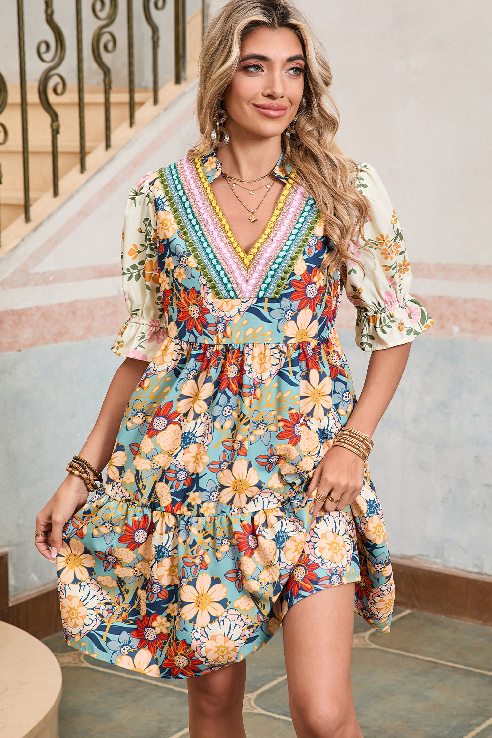 Multicolor Allover Floral Print V Neck Tiered Mini Dress