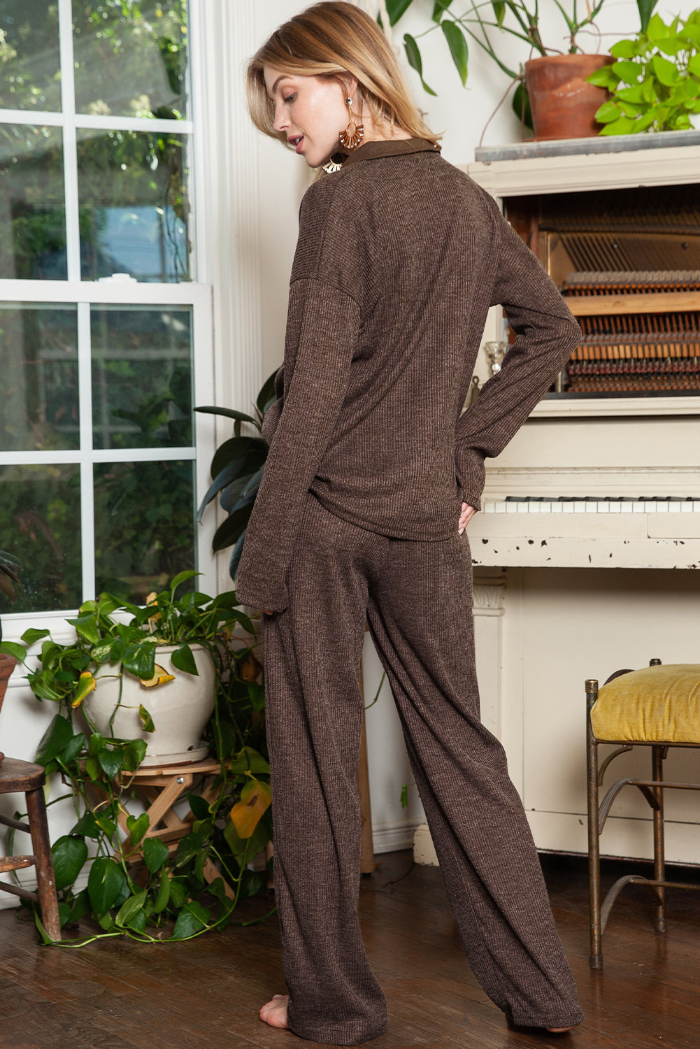 Brown Ribbed Henley Shirt and Wide Leg Pants Loungewear Set