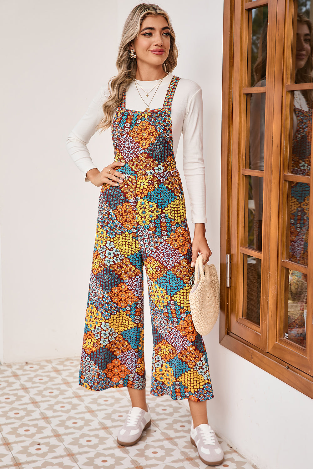 Multicolour Boho Floral Print Cropped Wide Leg Overalls