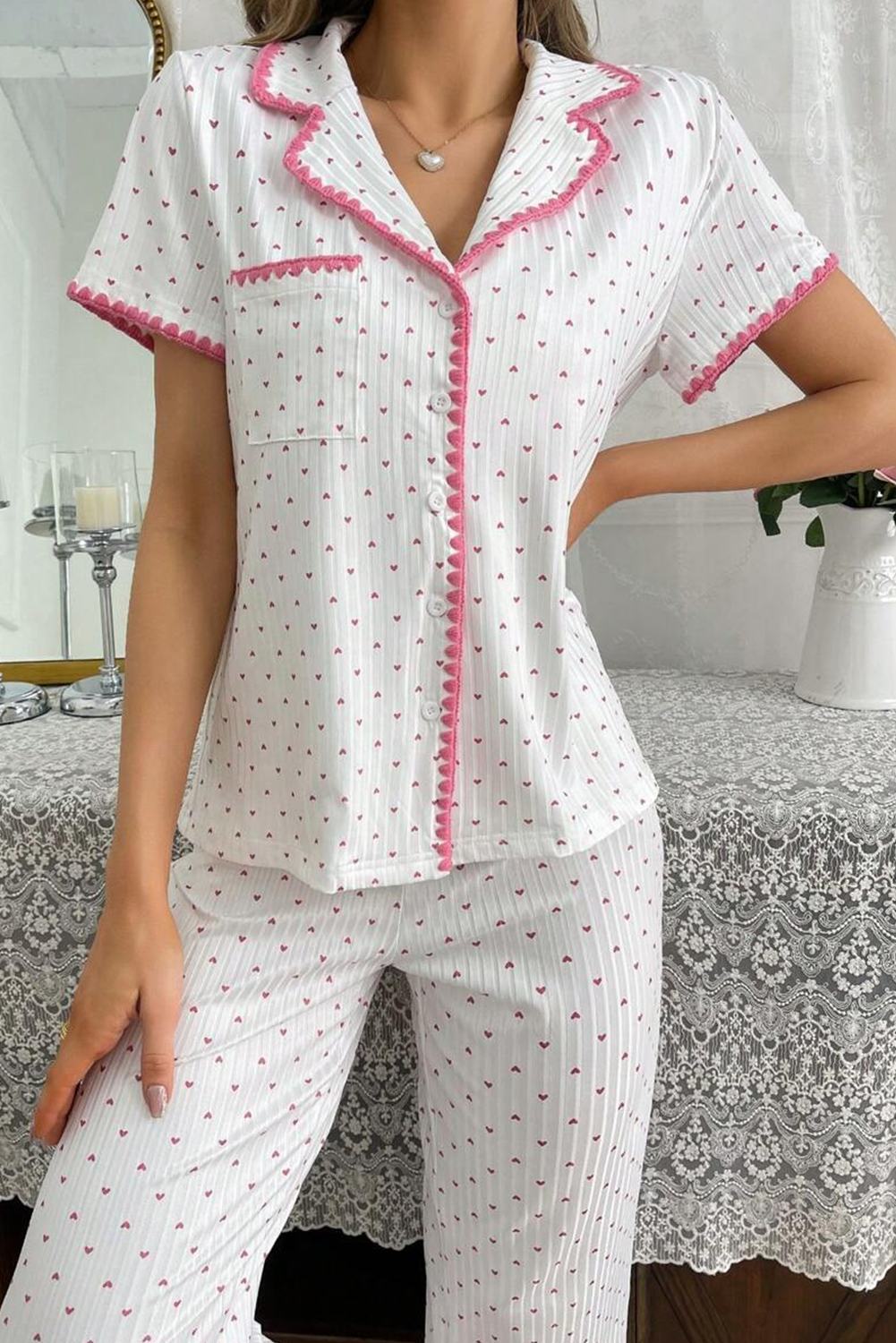 White Heart Print Contrast Trim Shirt and Pants Pajama Set