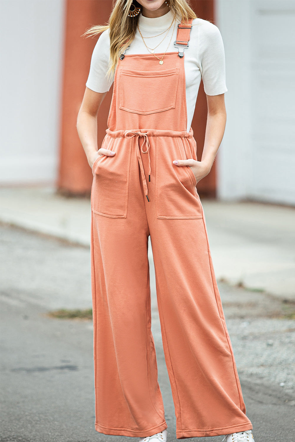 Orange Pocketed Drawstring Wide Leg Overalls