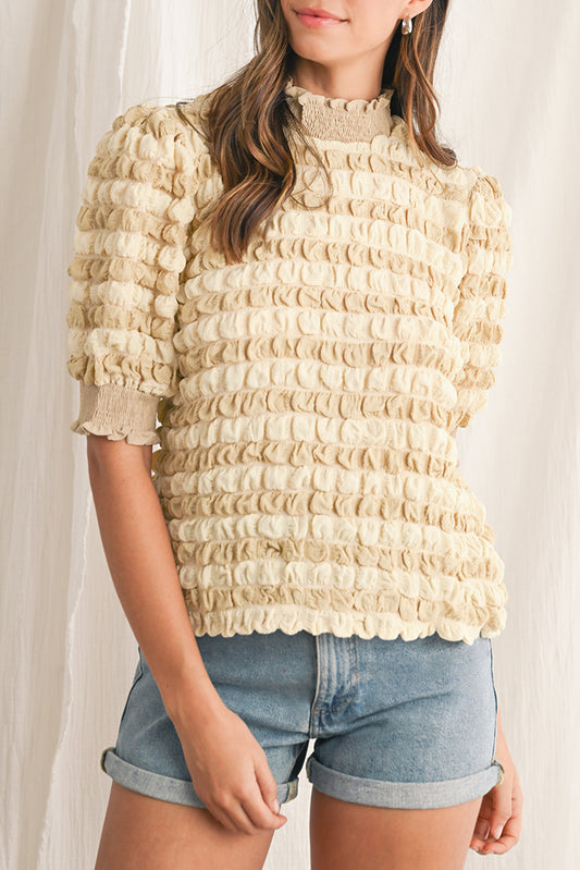 Beige Textured Frill Trim Smocked Puff Sleeve T Shirt