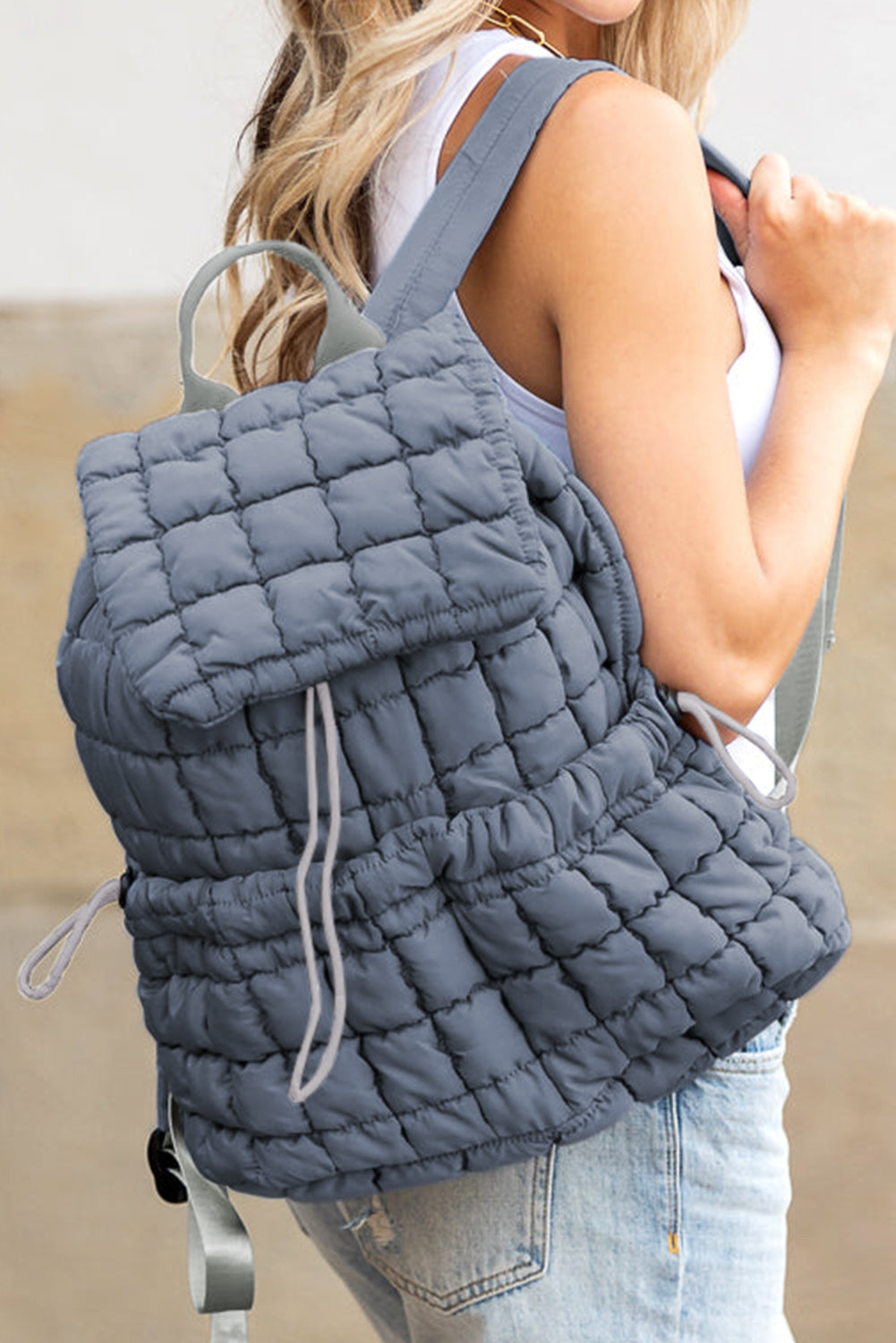 Coffee Solid Flapped Quilted Puffer Backpack