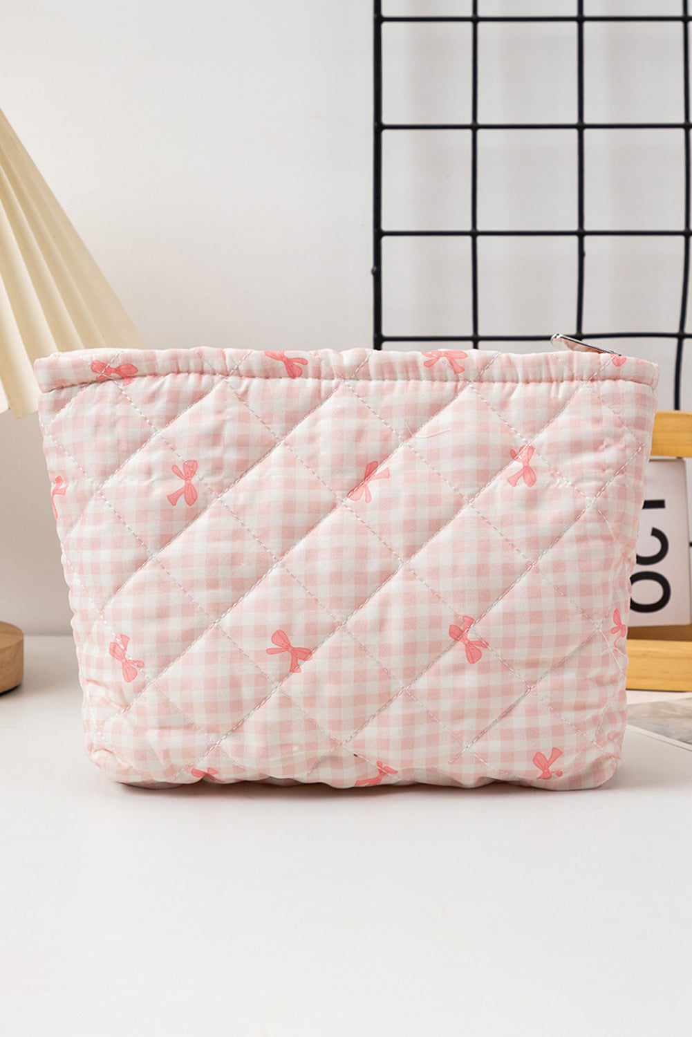 White Bow Knot Print Zipper Quilted Large Cosmetic Bag