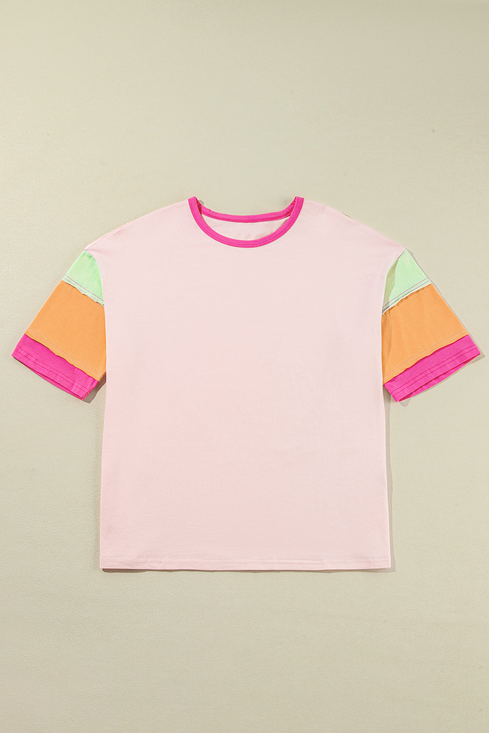 Pink Color Block Sleeve Round Neck Oversize Top