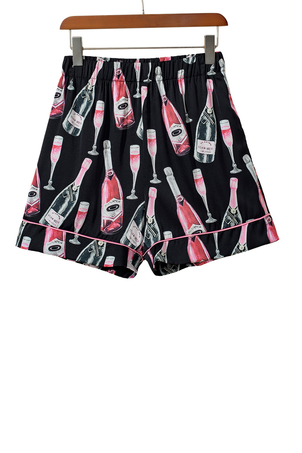 Black Champagne Print Silky Short Sleeve Pajamas Set