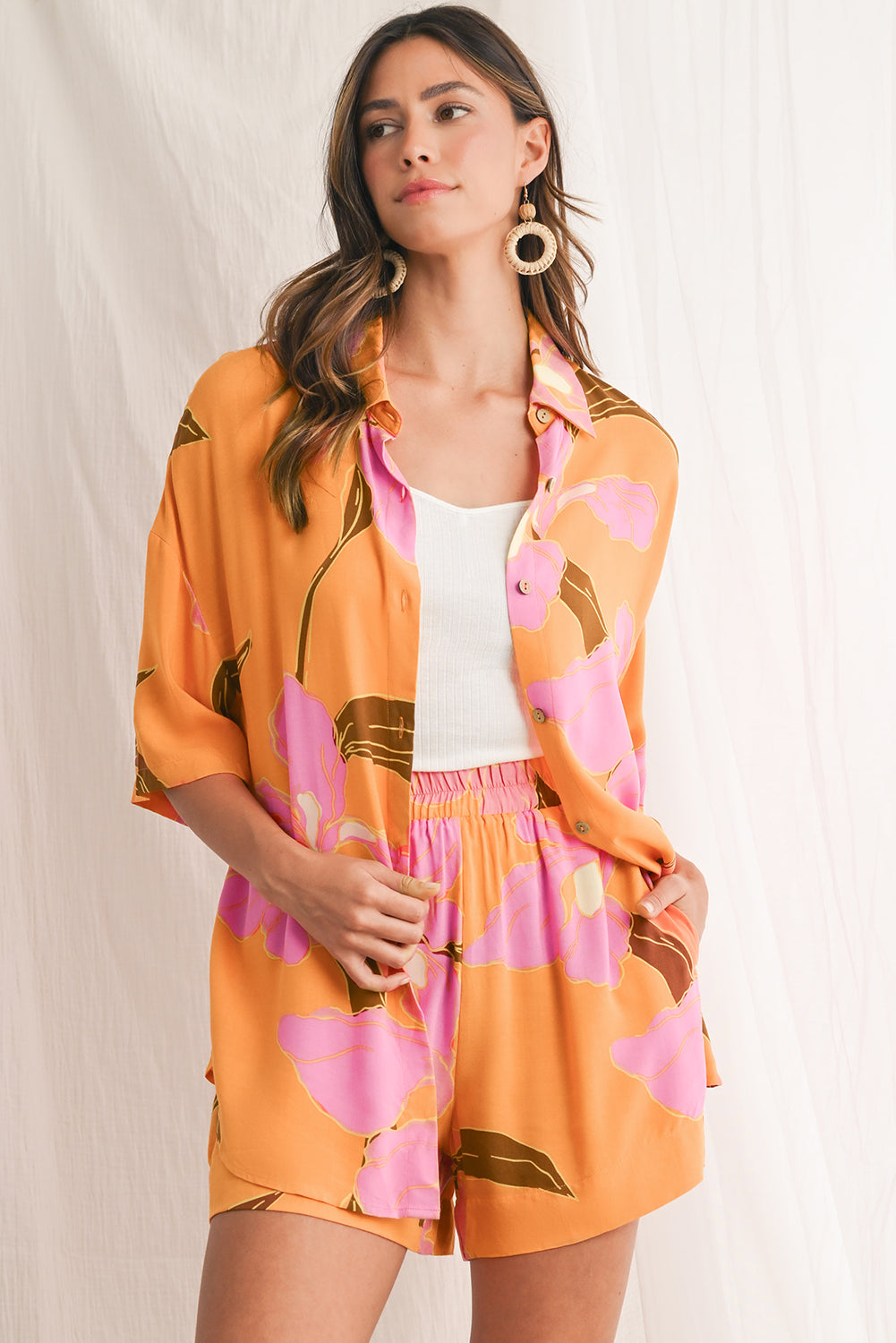 Russet Orange Floral Print Loose Shirt and Shorts Set