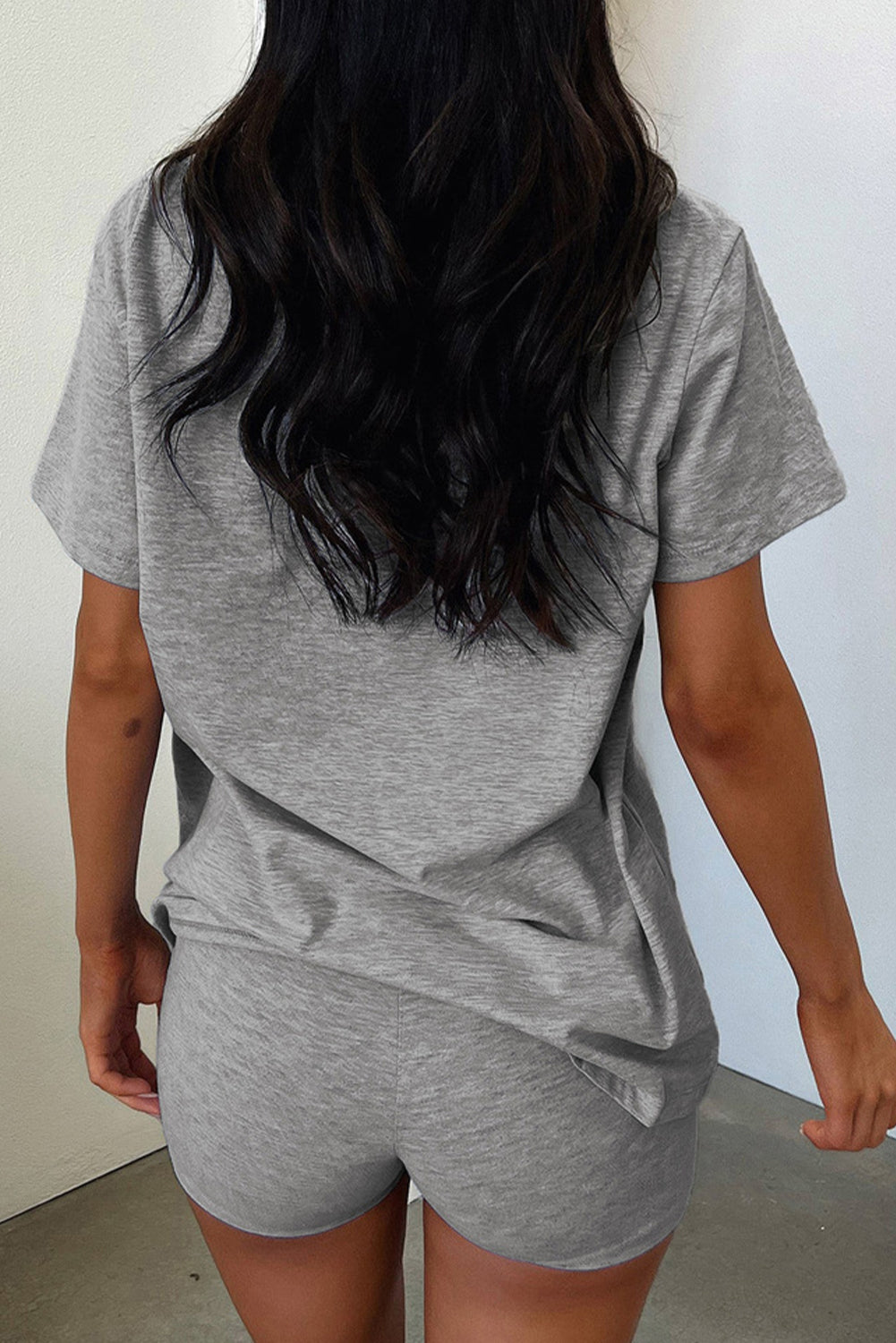 Grey Solid Color V Neck Tee and Shorts Set