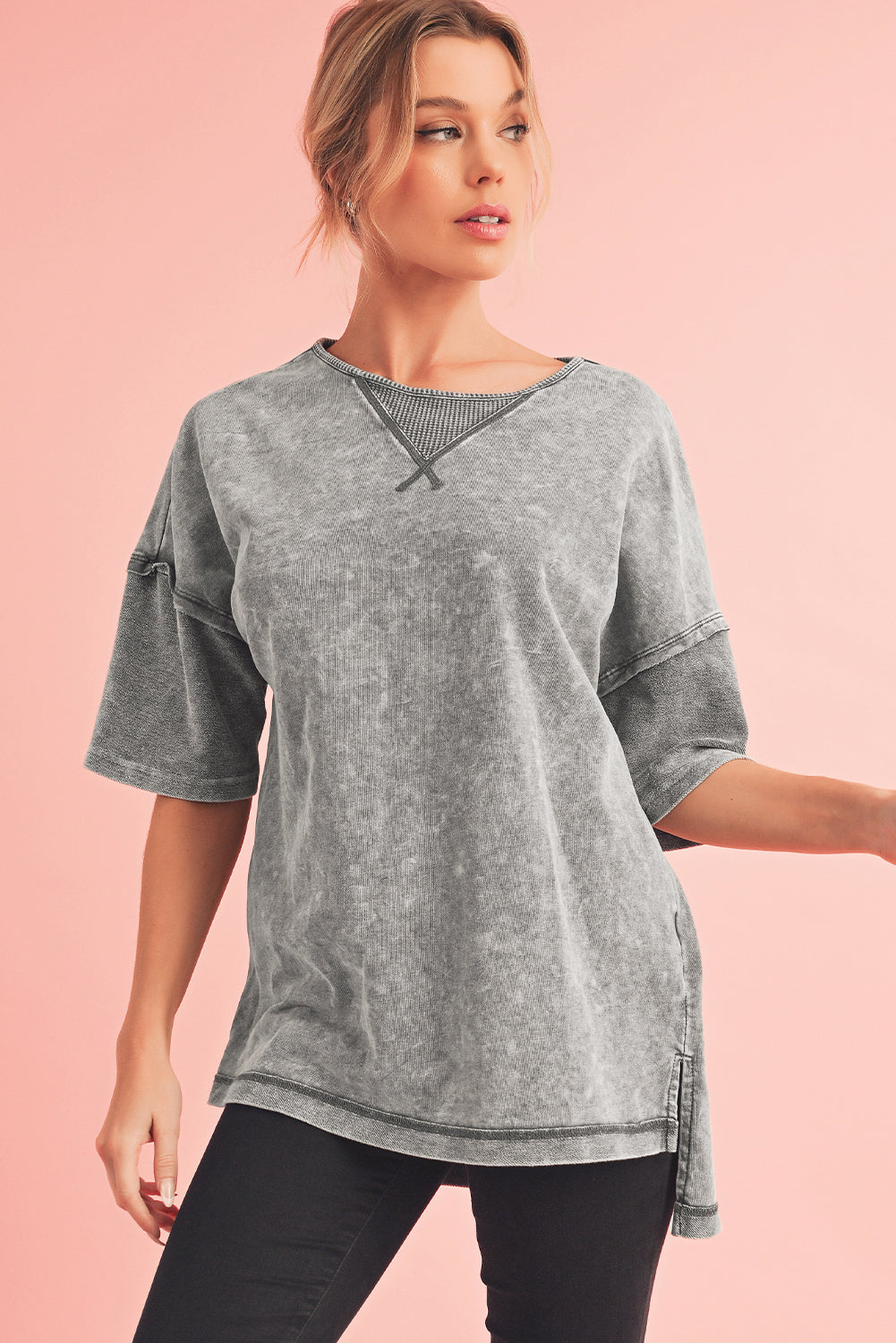 Strawberry Pink Mineral Wash Exposed Seam Drop Shoulder Oversized Tee