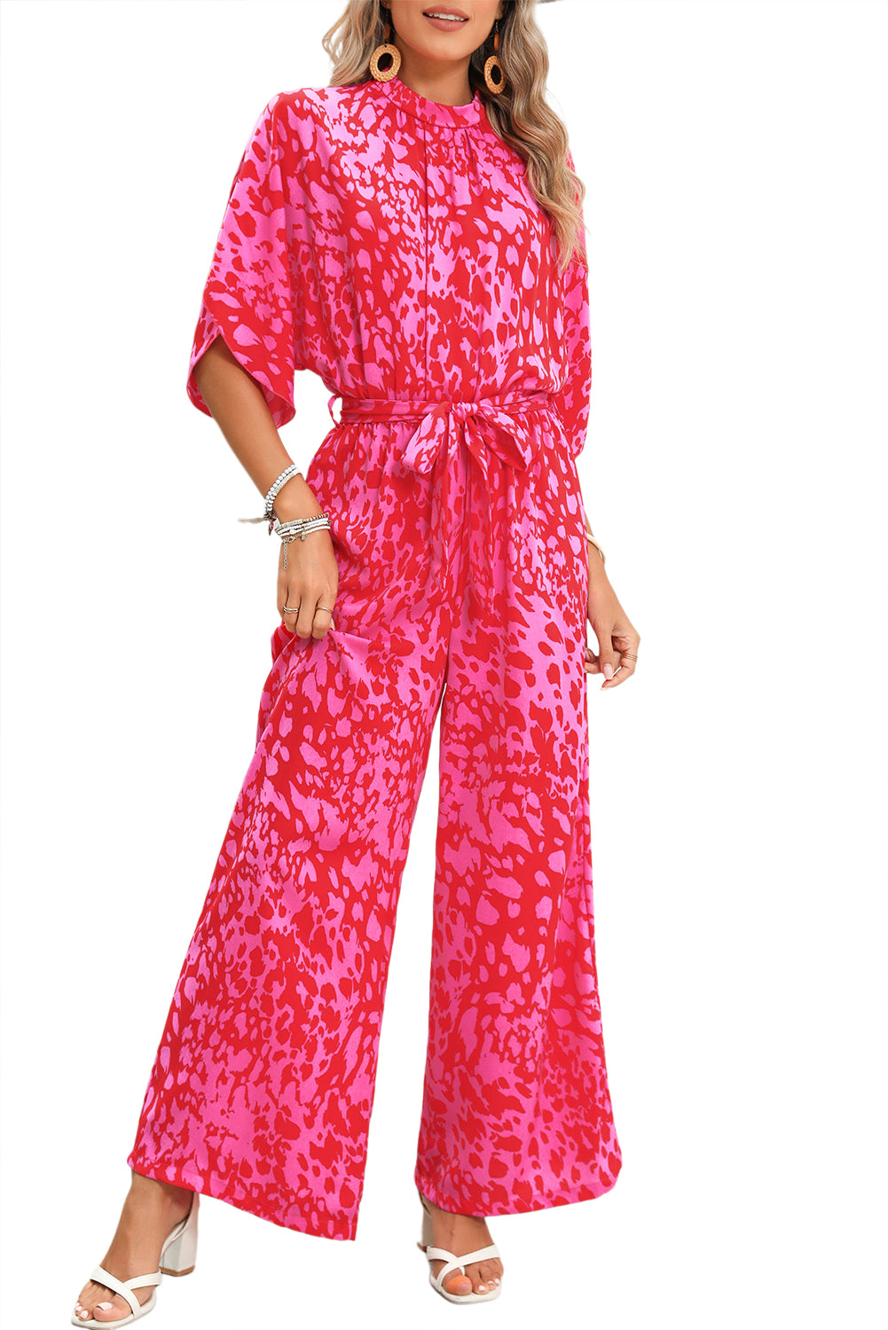 Rose Leopard Print Tulip Sleeve Belted Wide Leg Jumpsuit