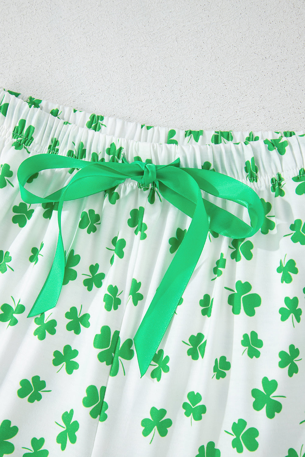 Green St Patricks Day Clover Print Shirt and Ruffle Hem Shorts Pajama Set