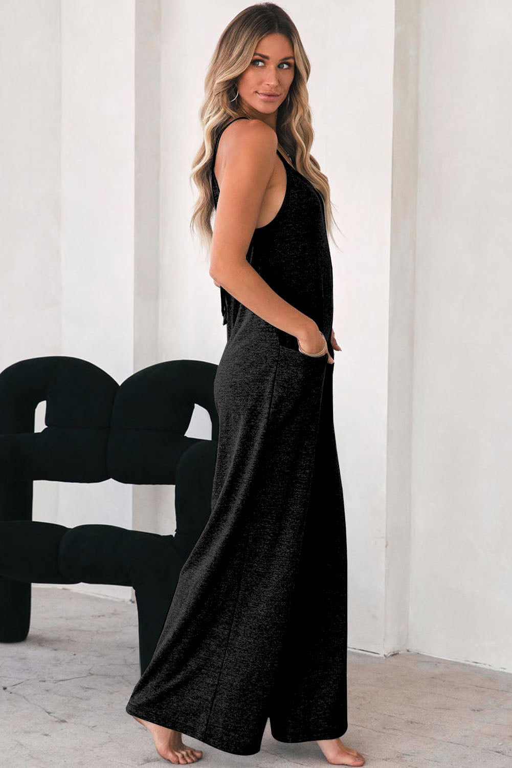 Gray Loose Fit Side Pockets Spaghetti Strap Wide Leg Jumpsuit