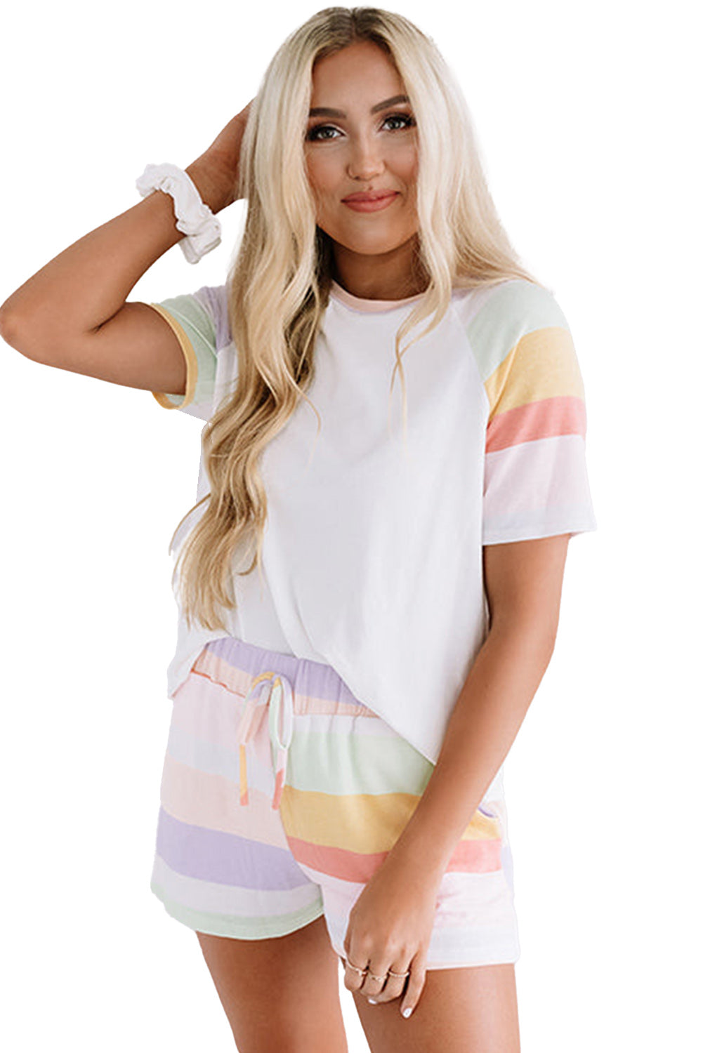 White Rainbow Striped T Shirt and Shorts Set