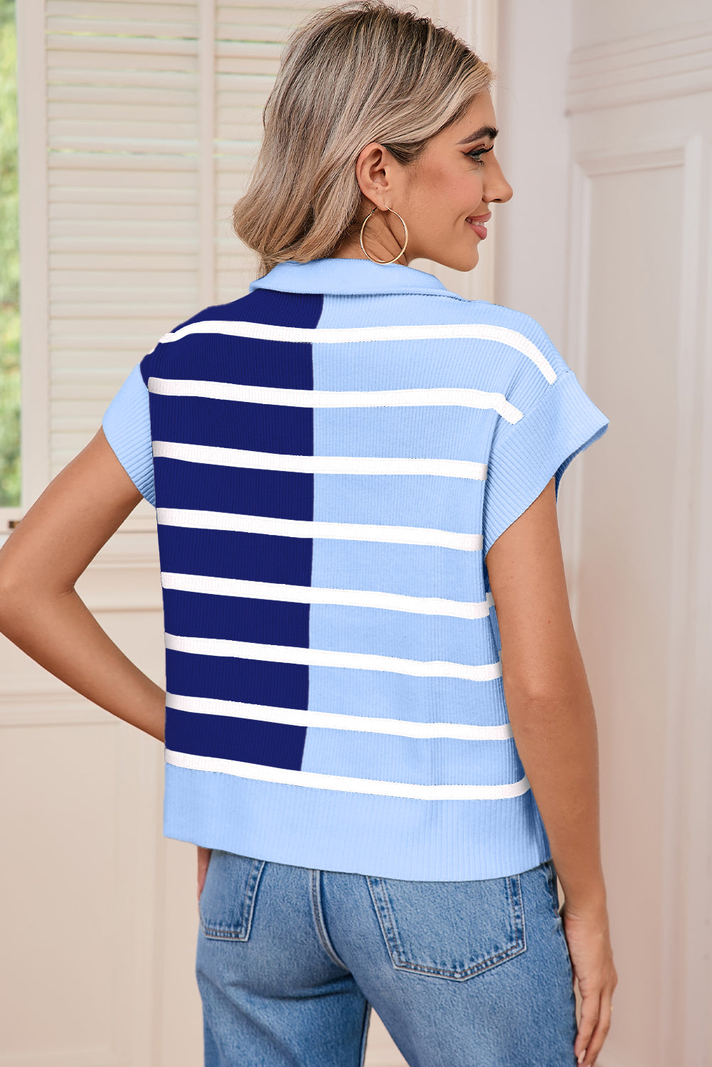 Sky Blue Stripe Quarter Zip Collar Knit Vest