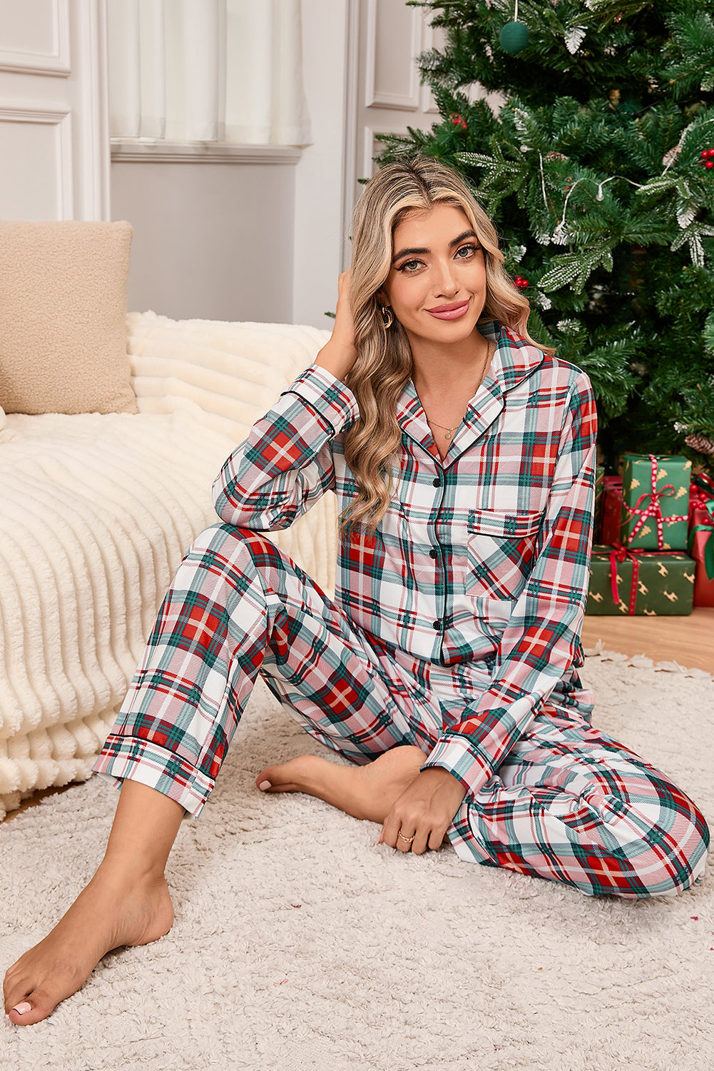 Red Christmas Plaid Long Sleeve Shirt and Pants Pajama Set