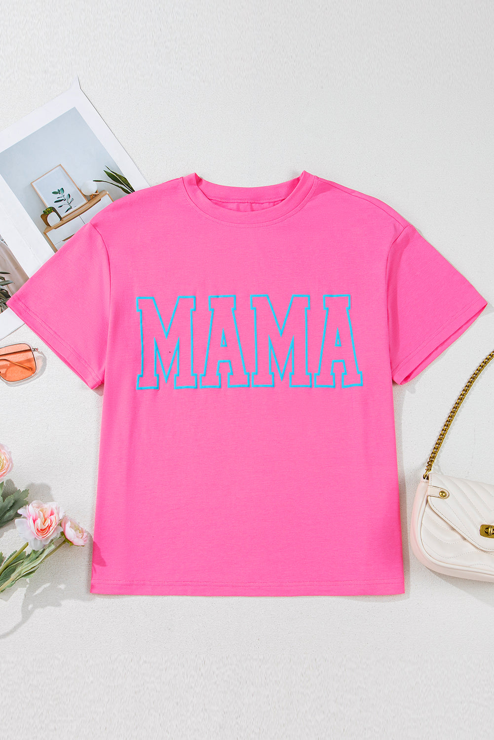 Bright Pink MAMA Letter Graphic T Shirt