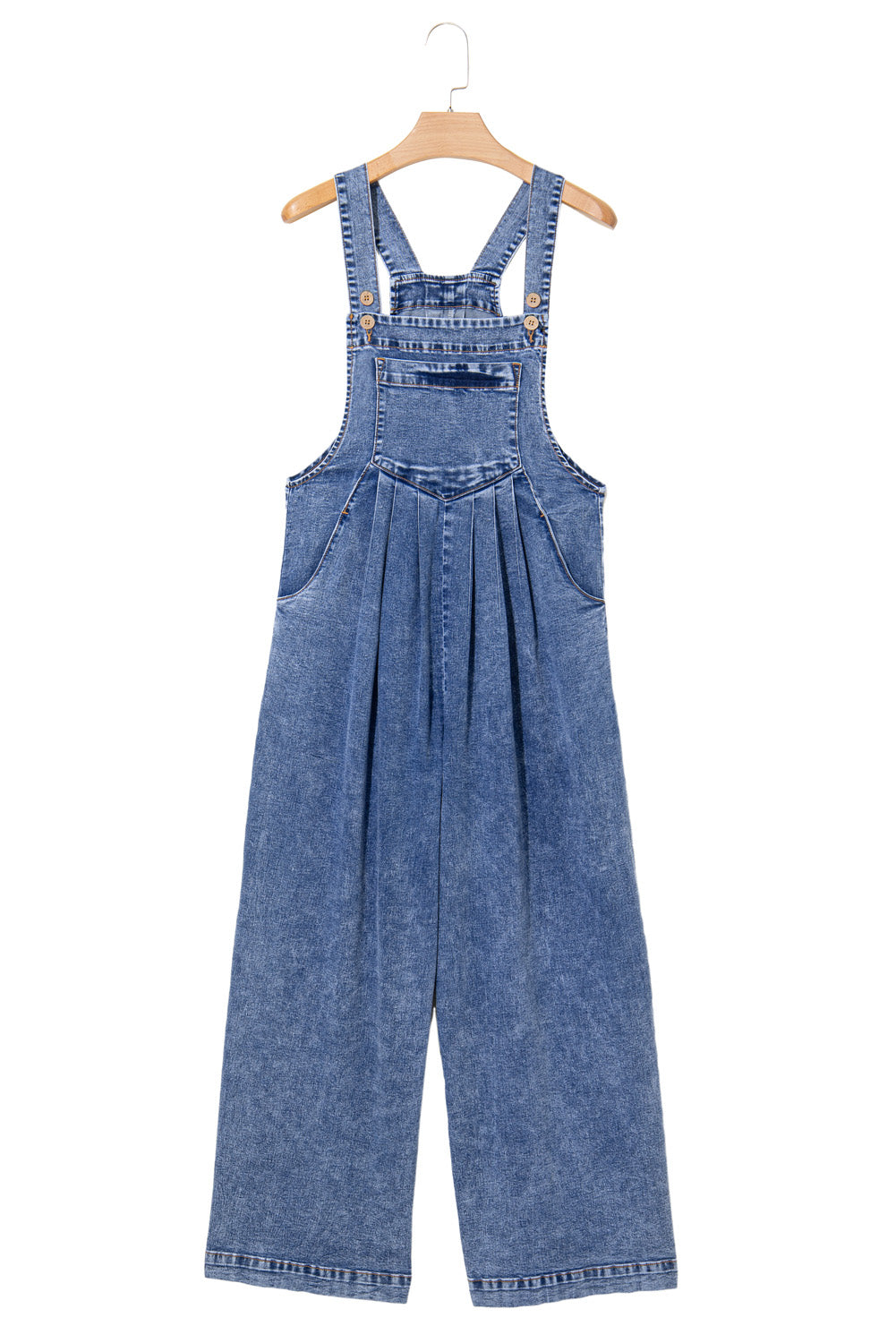 Light Blue Mineral Wash Button Straps Wide Leg Denim Overalls