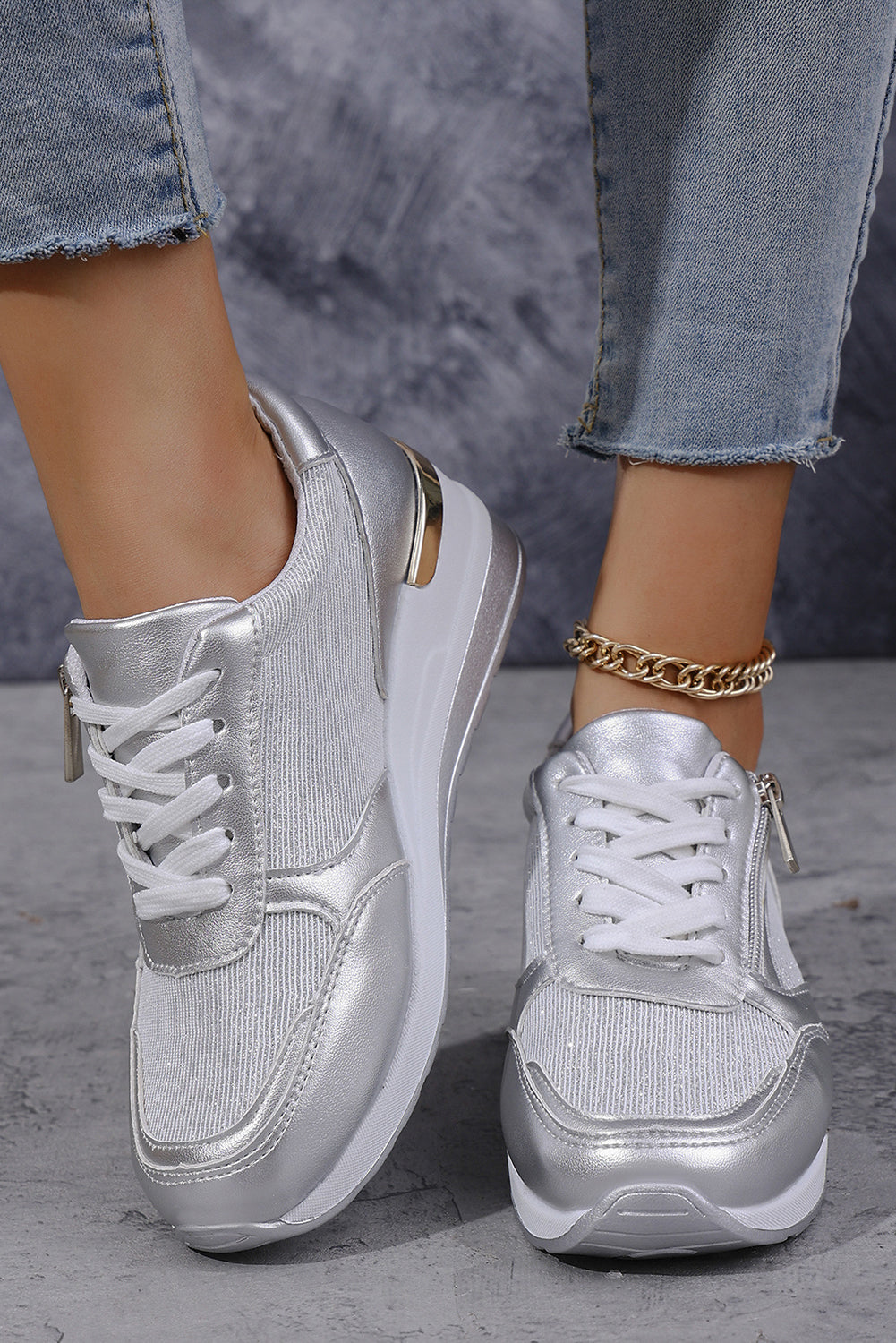 Gold PU Leather Patchwork Zipper Lace Up Sneakers