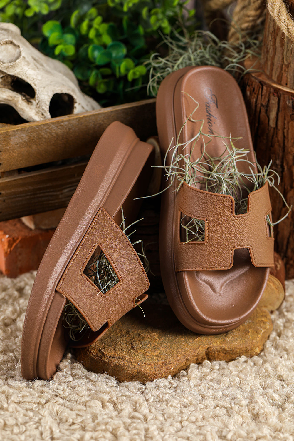 Chestnut Cutout Open Toe Platform Slides Shoes