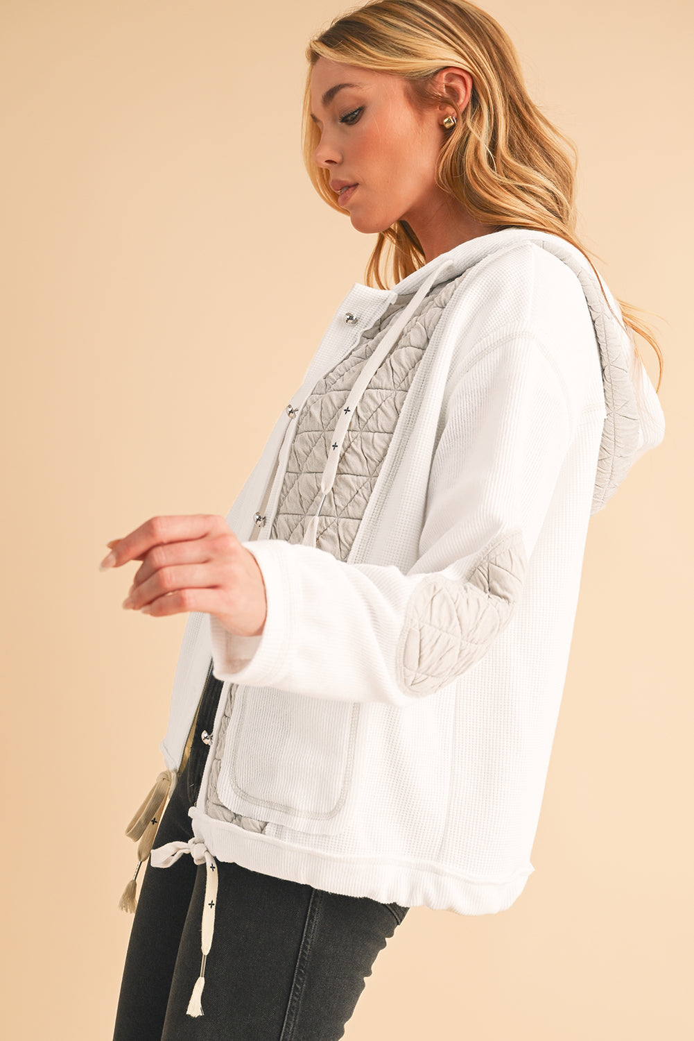 Beige Quilted Textured Patchwork Hooded Jacket