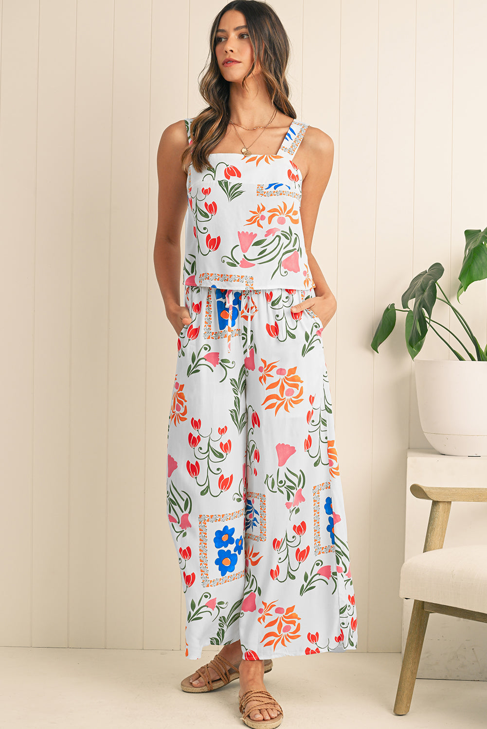 White Square Neck Tank & Wide Leg Pants Boho Floral Set