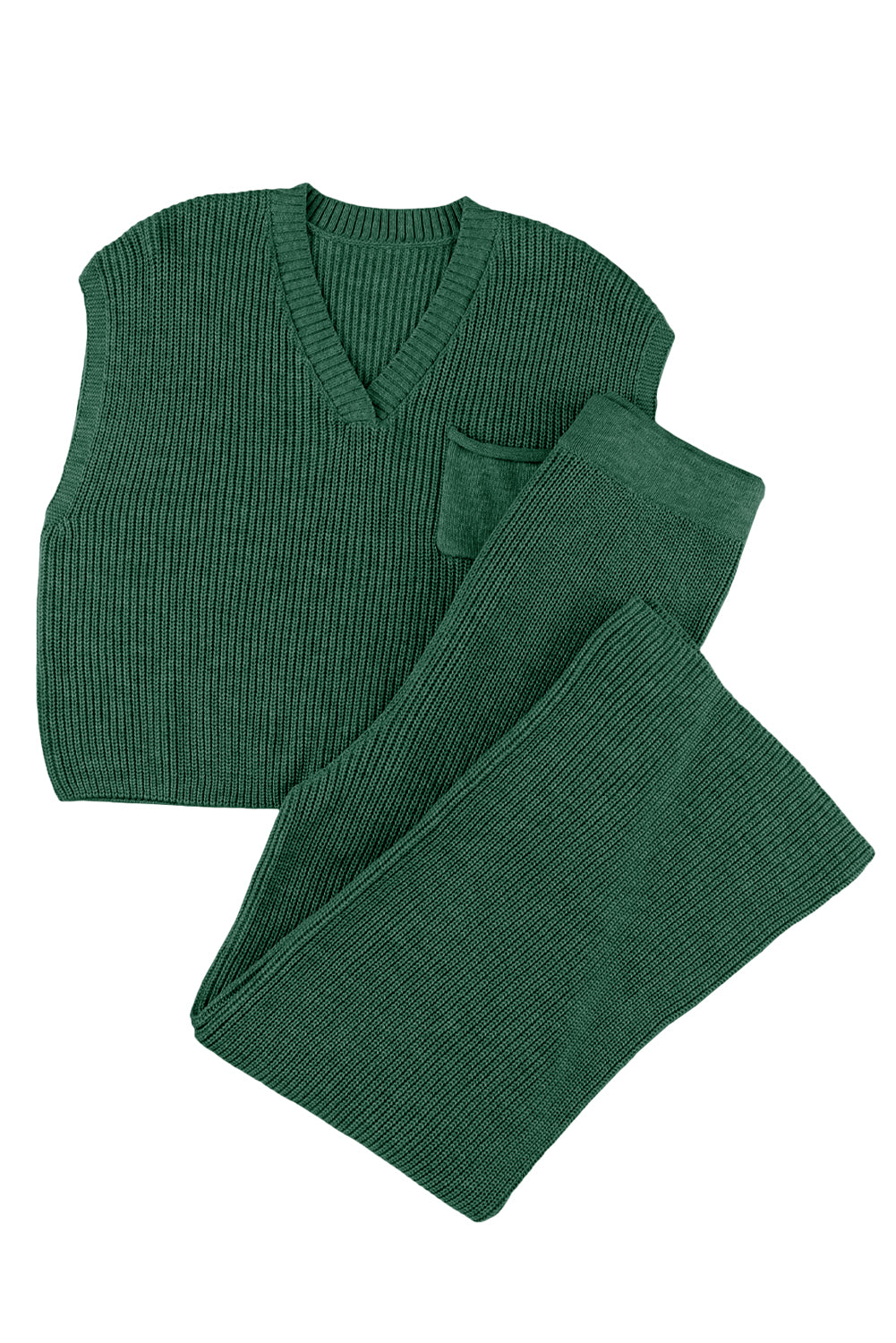 Green Knitted V Neck Sweater and Wide Leg Pants Set