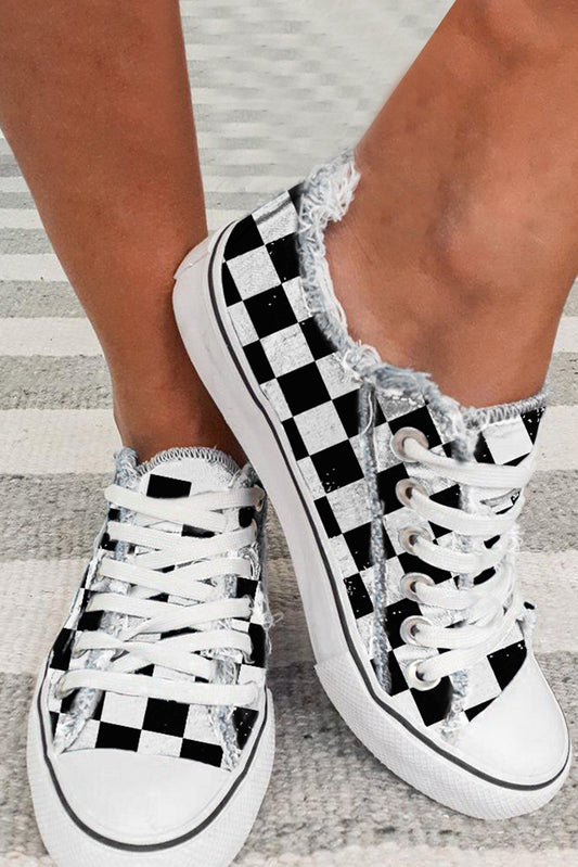 Black Checkered Print Raw Edge Lace-up Canvas Sneakers