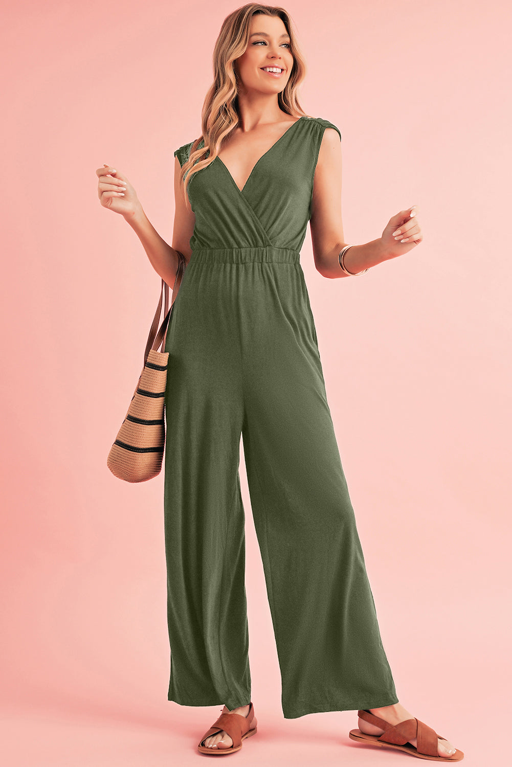 Black Deep V Pocketed Pleated Wide Leg Jumpsuit