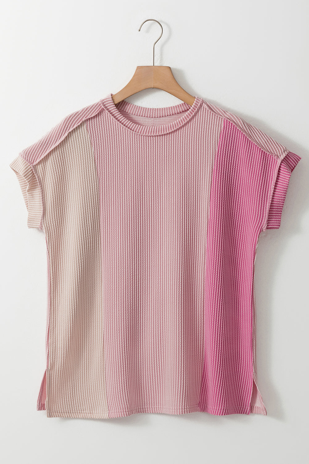 Pink Crinkle Rib Textured Colorblock Round Neck T Shirt