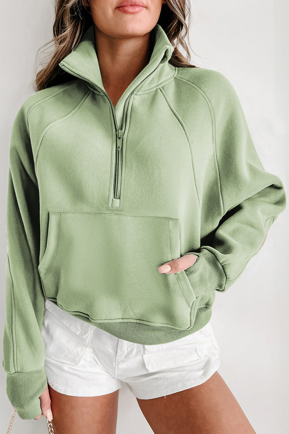 Smoke Green Zip Up Stand Collar Ribbed Thumbhole Sleeve Sweatshirt