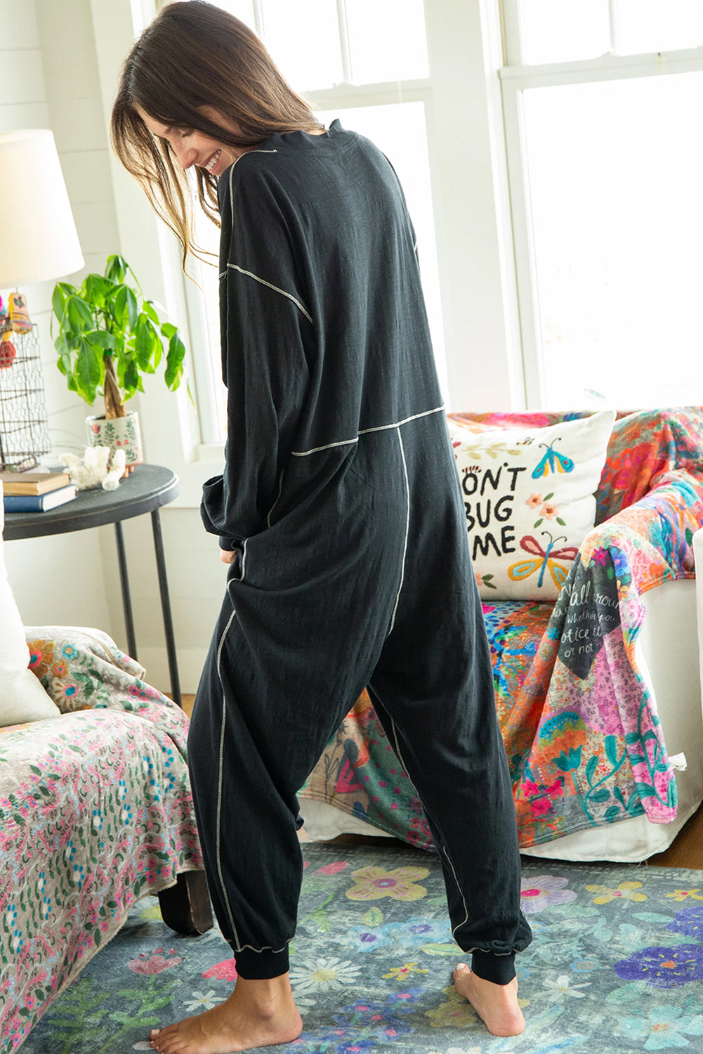 Black Exposed Seam Oversized Drop Waist Jumpsuit