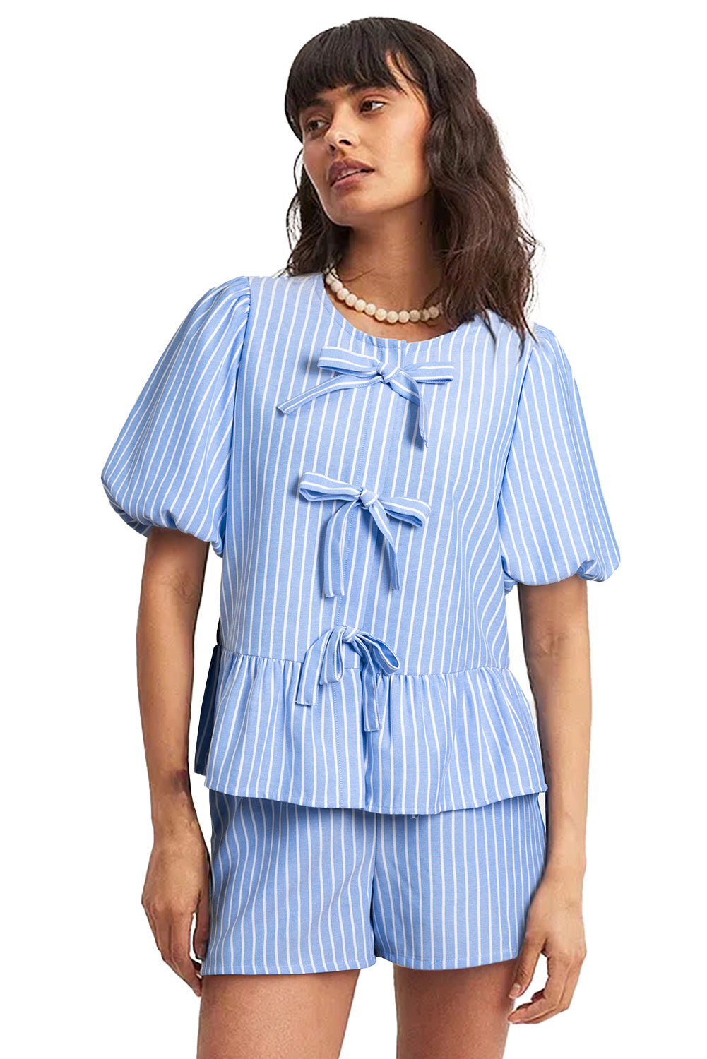 Sky Blue Striped Bow Tie Front Blouse and Drawstring Shorts Set