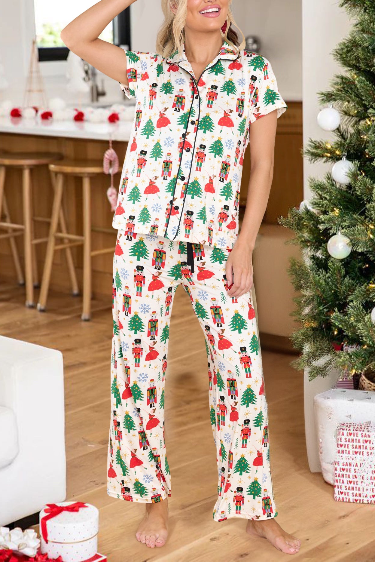 White Christmas Tree Nutcracker Shirt & Pants Pajama Set