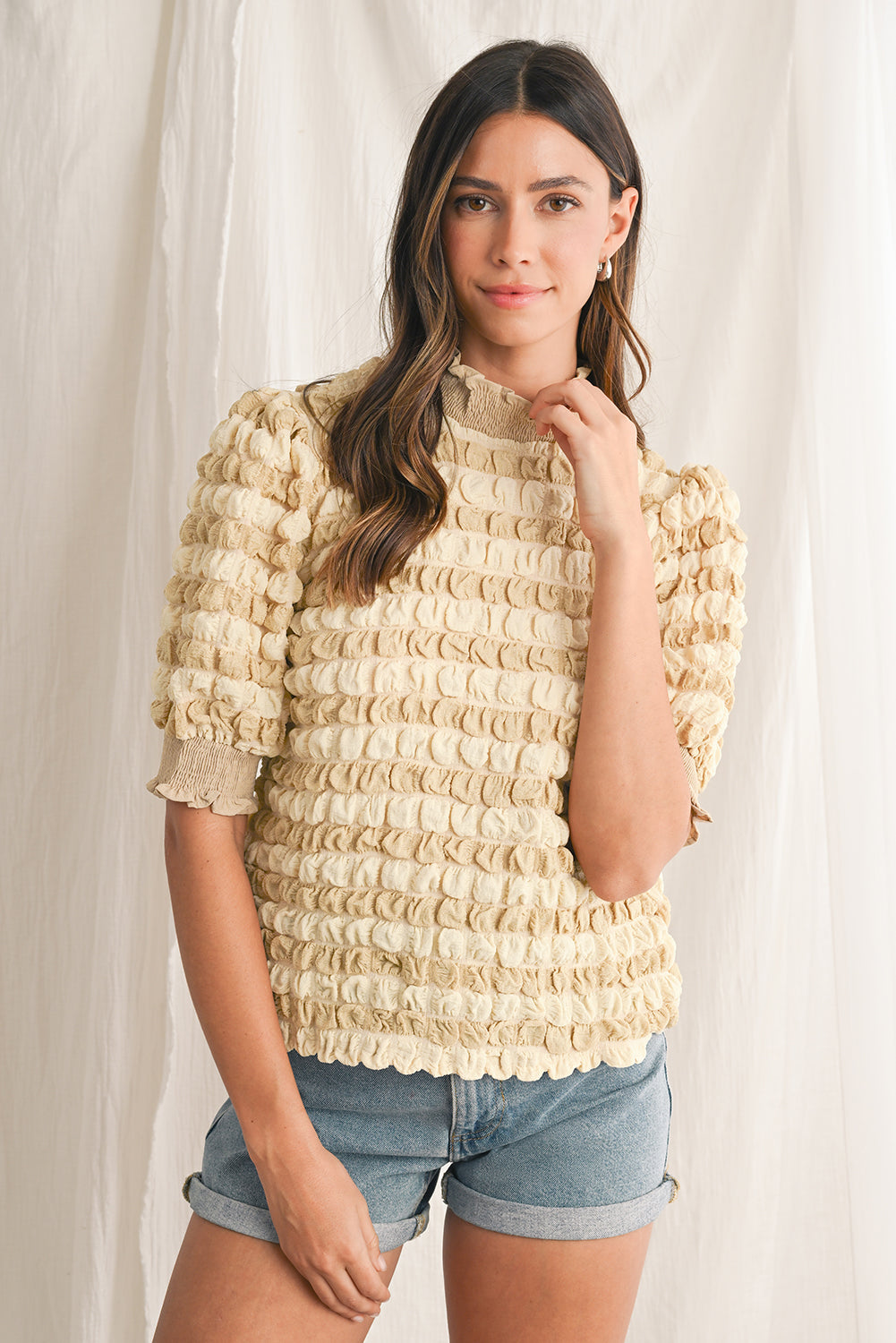 Beige Textured Frill Trim Smocked Puff Sleeve T Shirt