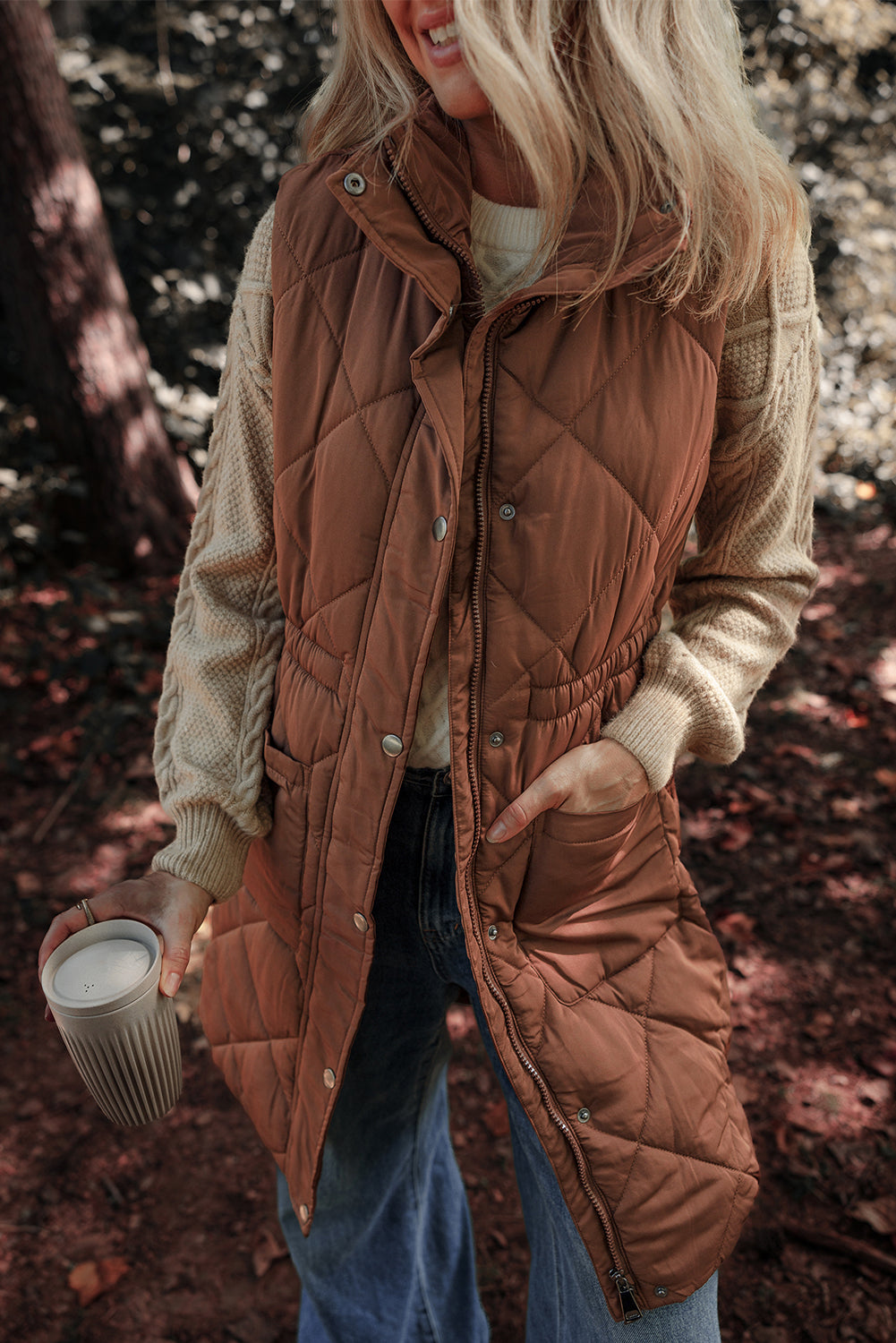 Coffee Puffer Quilted Stand Collar Pocketed Vest Coat