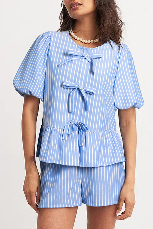 Sky Blue Striped Bow Tie Front Blouse and Drawstring Shorts Set