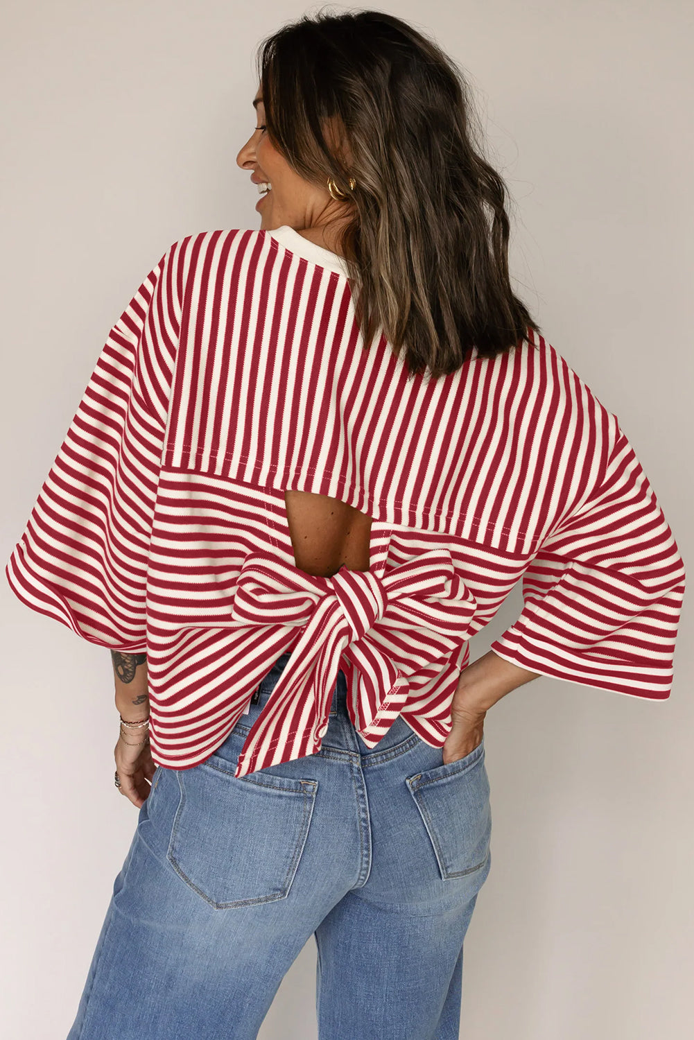 Red Striped Bowknot Backless T-Shirt