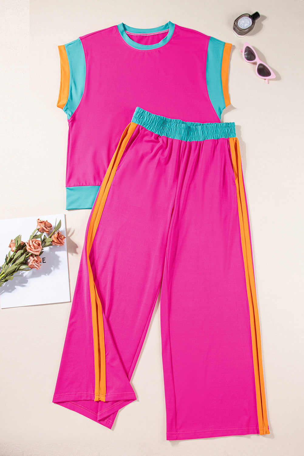 Sky Blue Colorblock Cap Sleeve Tee & Wide Leg Pants Set