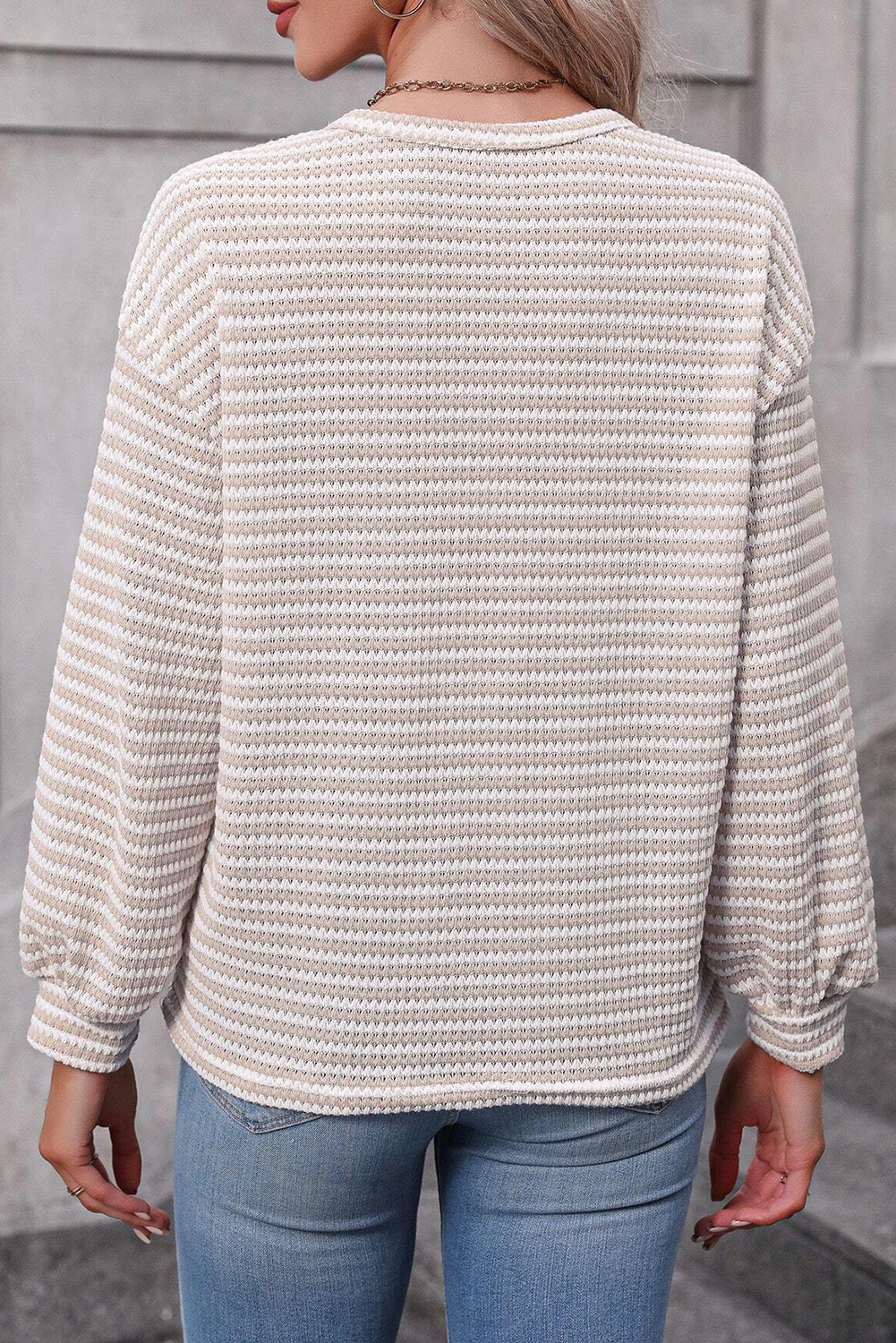 Black Striped Round Neck Drop Shoulder Long Sleeve Top