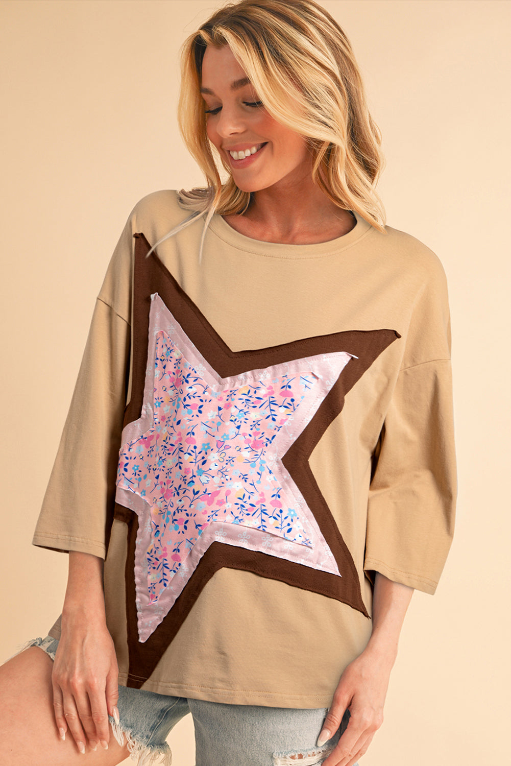 Camel Ditsy Floral Star Patched 3/4 Sleeve T Shirt