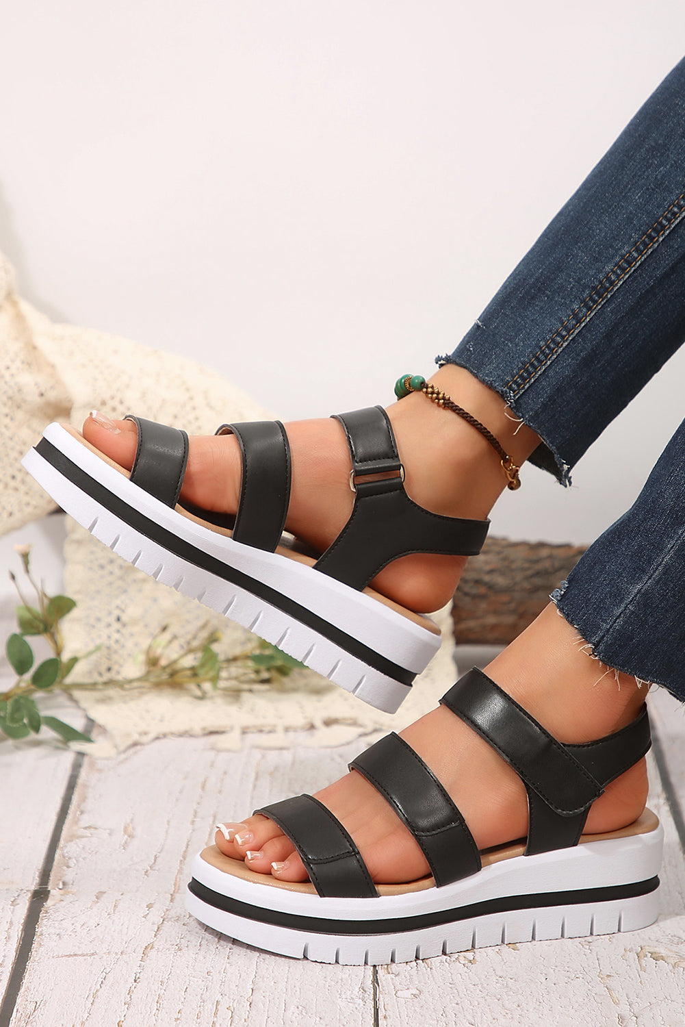 Camel Hollow Out Buckle PU Leather Platform Sandals