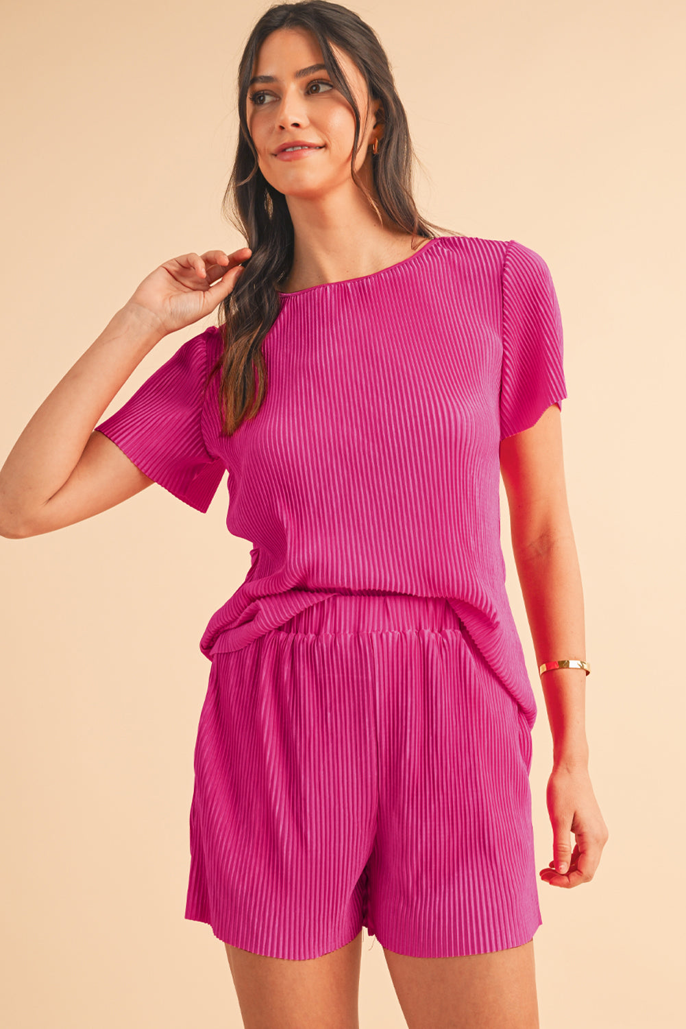 Bright Pink Ribbed Pleated Tee and Pocketed Shorts Set