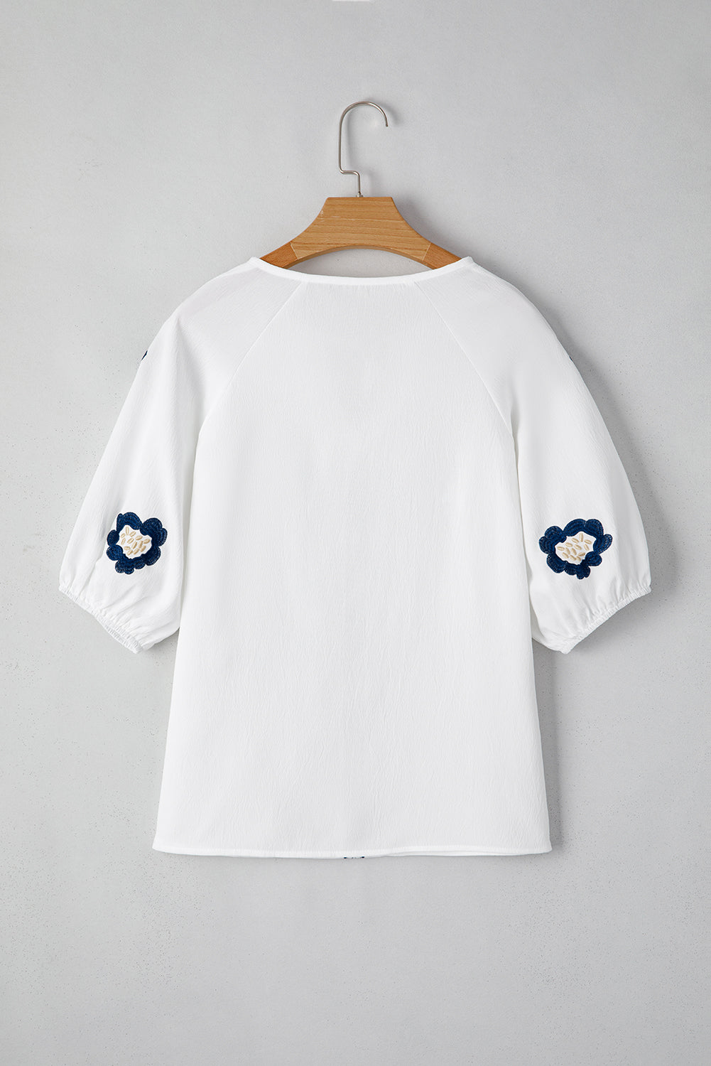 Navy Blue Embroidered Flower V Neck Elegant Half Sleeve Blouse