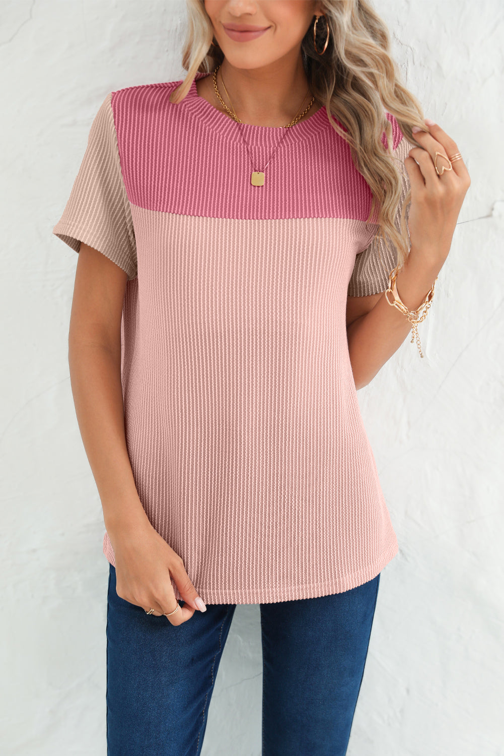 Pink Crinkle Rib Textured Colorblock T Shirt