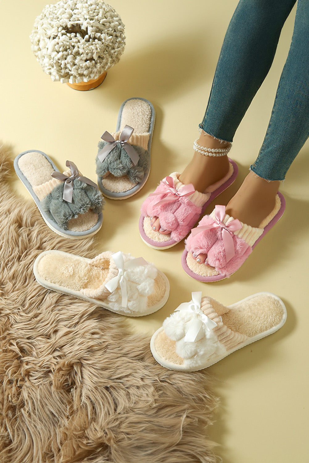 Peach Blossom Sweet Bow Fuzzy Open-Toe Slippers