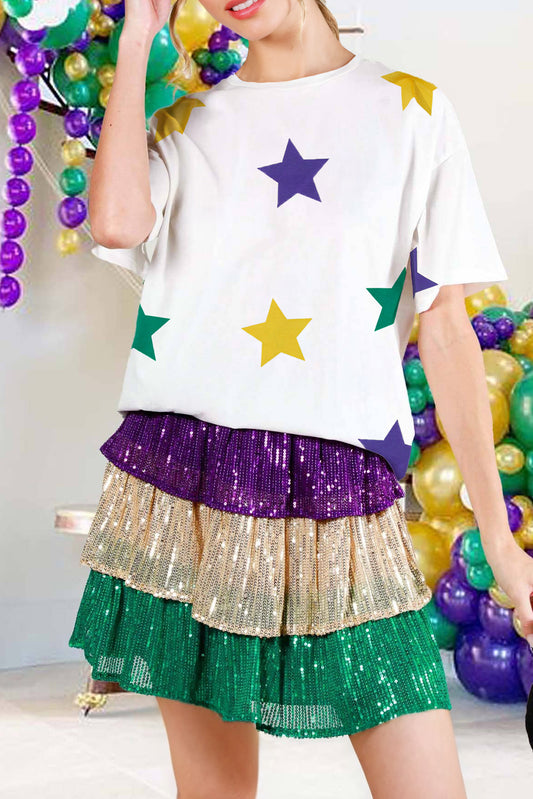 White Mardi Gras Star Printed Short Sleeve Round Neck T-Shirt