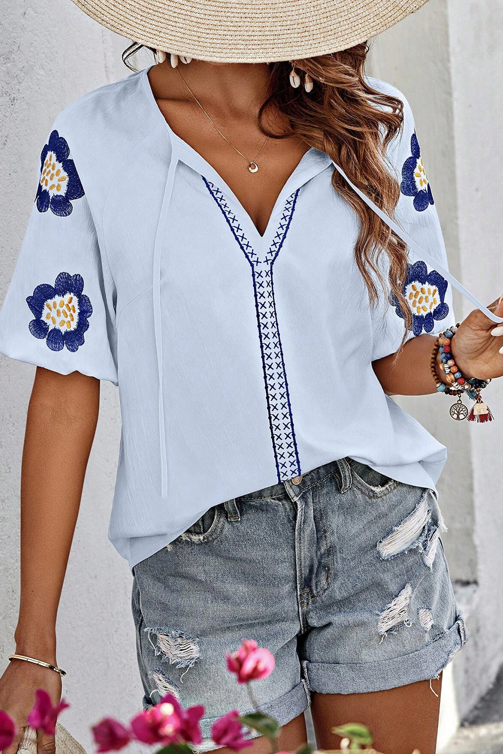 Navy Blue Embroidered Flower V Neck Elegant Half Sleeve Blouse