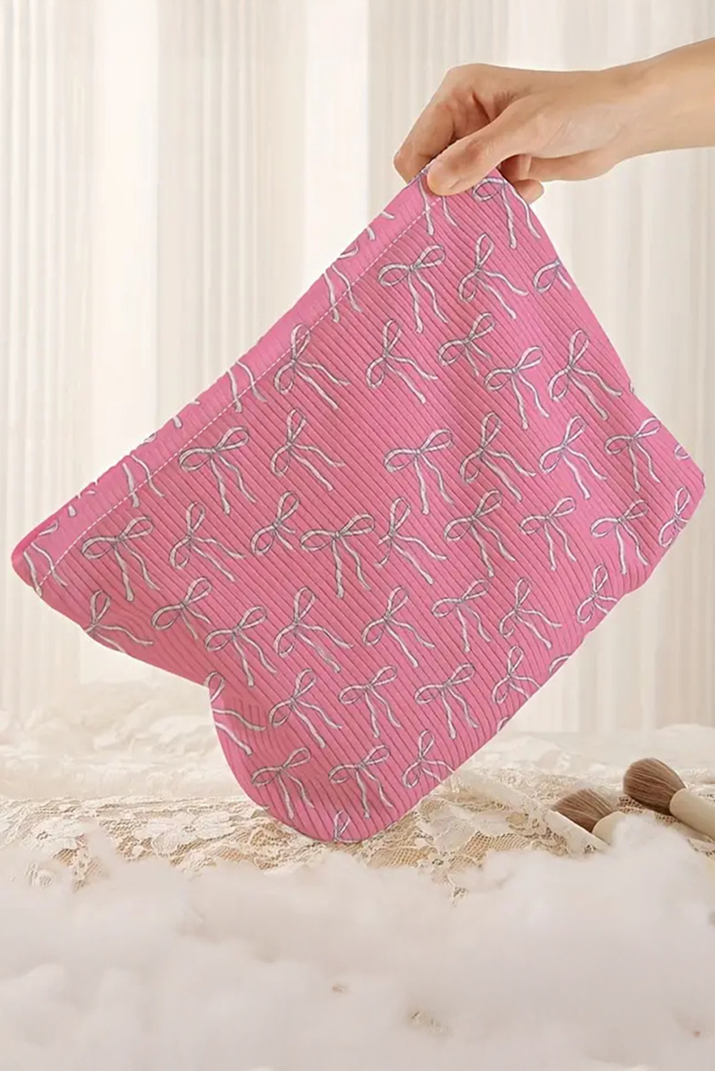 Bright Pink Valentines Bow Print Ribbed Makeup Bag