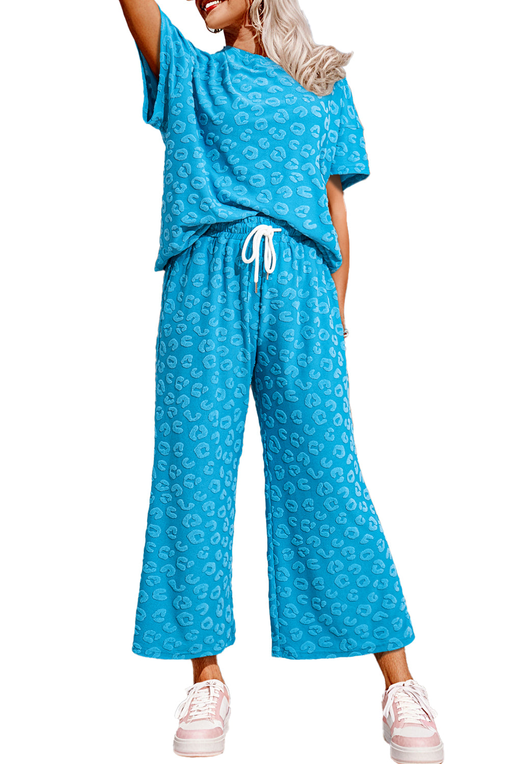 Blue Leopard Jacquard Short Sleeve Top and Wide Leg Pants Set