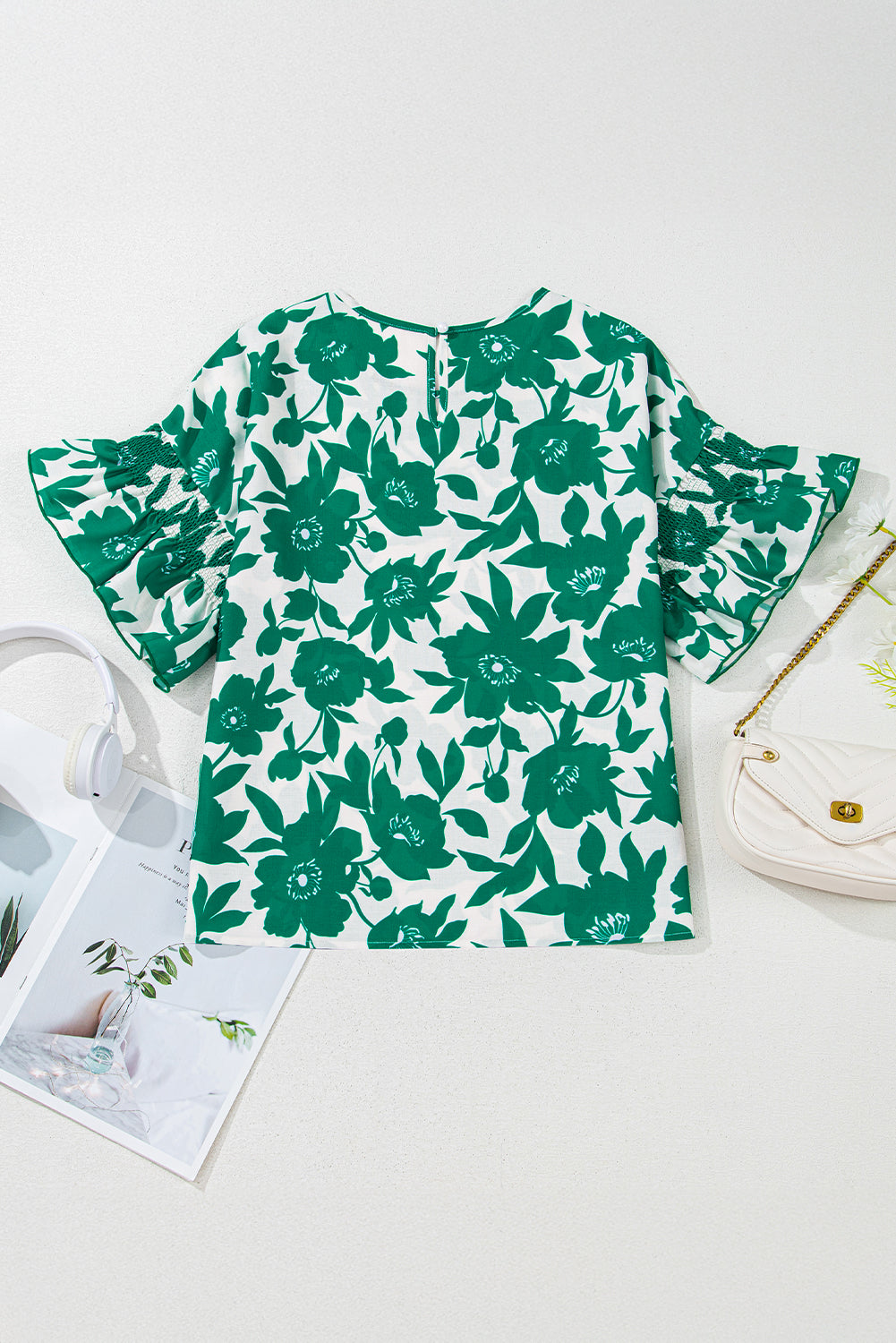 Green Floral Print Ruffle Short Sleeve Loose Blouse